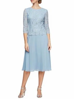 ALEX EVENINGS Sequin Floral Lace Bodice Chiffon A-Line Midi Dress, Sky Blue